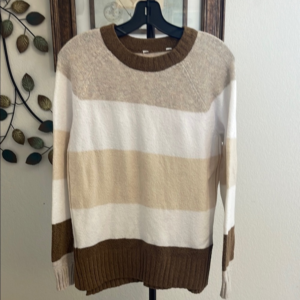 Brown and Cream Striped Crew Neck Sweater